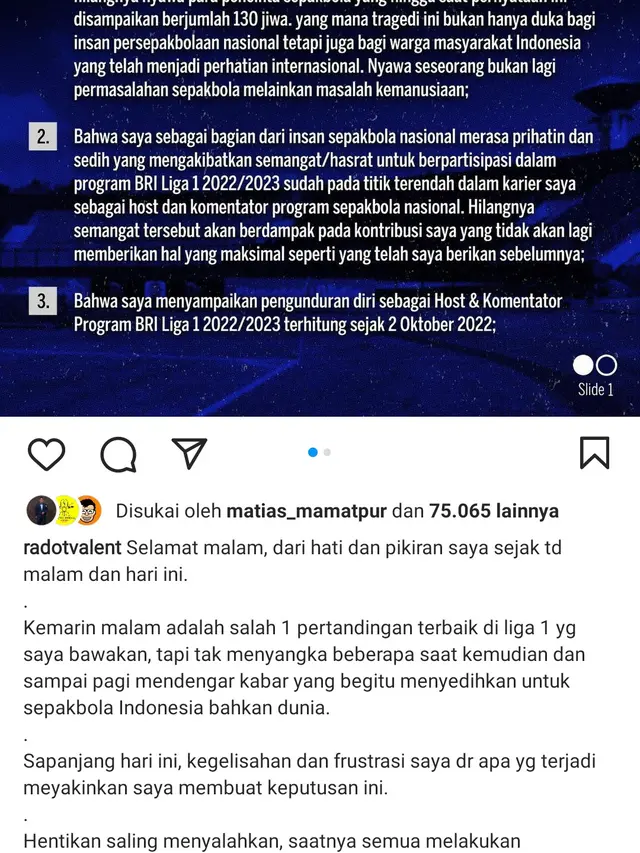 Berduka untuk Tragedi Kanjuruhan, Valentino Jebret Simanjuntak Umumkan Mundur Jadi Host dan Komentator Sepak Bola. (Instagram/radotvalent)