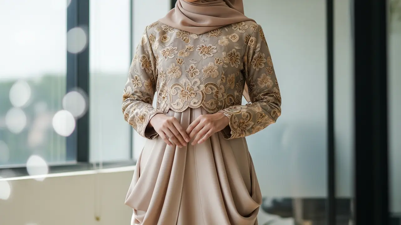 Inspirasi Gamis Brokat Warna Muted untuk Kantor & Acara Resmi (Image by Gemini AI)