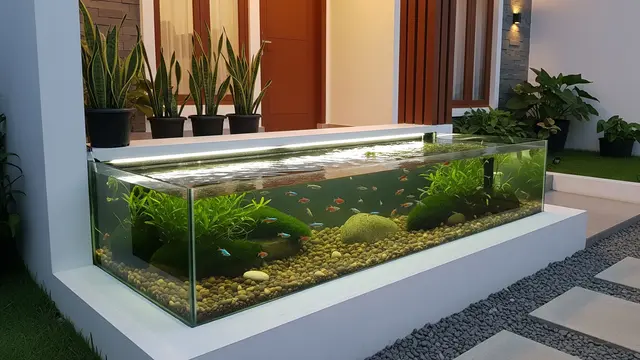 Model Kolam Ikan Kaca Minimalis dengan LED Terintegrasi Depan Rumah