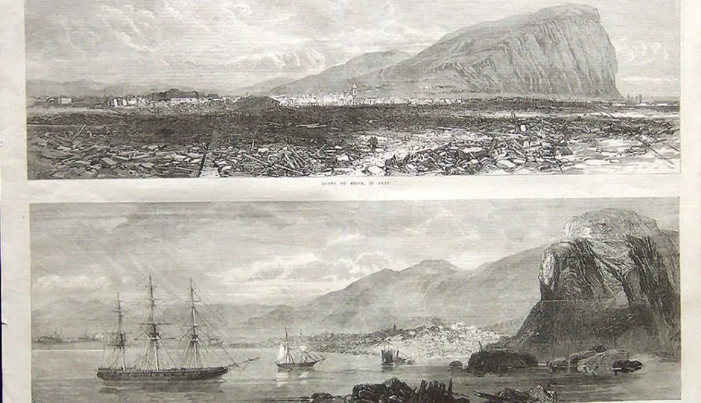 Sketsa gambaran situasi Arica pasca-gempa dan tsunami 13 Agustus 1868 (Wikipedia/Illustrated London News)