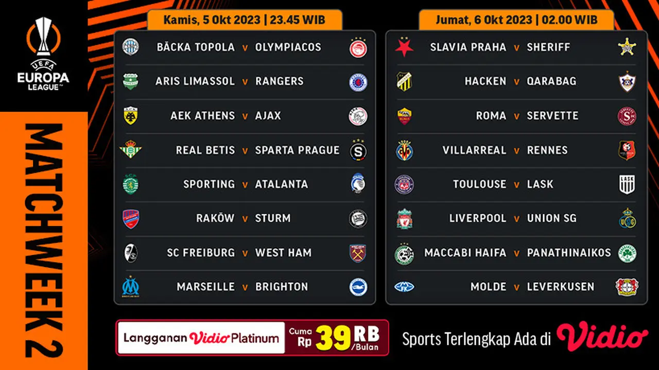Jadwal Live Streaming Liga Europa 2023/2024 Matchweek 2 di Vidio