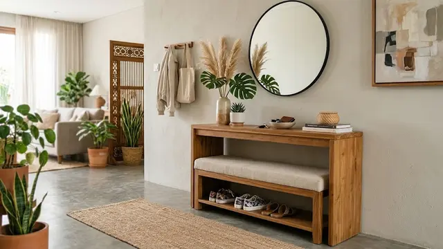 Ide meja konsol di rumah yang bikin ruangan tampak rapi dan modern model konsol multifungsi dengan bangku