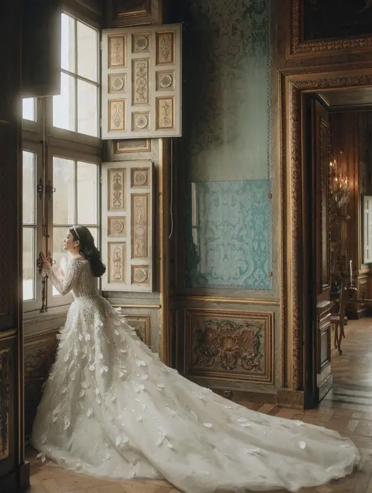 Berbeda lagi dengan gaun yang dikenakan Valencia untuk acara resepsi di Paris. Gaun princess yang super dreamy ini dipenuhi payet gemerlap dan bulu, serta rok yang menjuntai hingga ke lantai. Foto: Instagram.