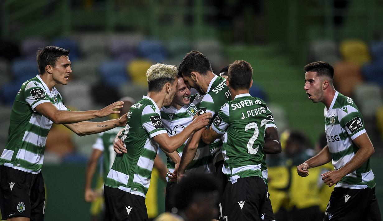 Gol semata wayang yang dicetak Paulinho pada menit ke-36 memastikan Ruben Amorim mempersembahkan gelar juara Liga Portugal ke-19 bagi Sporting.  (Foto: AFP/Patricia De Melo Moreira)