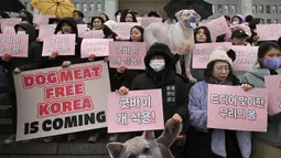 Unjuk rasa untuk menyambut RUU yang melarang perdagangan daging anjing. (JUNG YEON-JE/AFP)