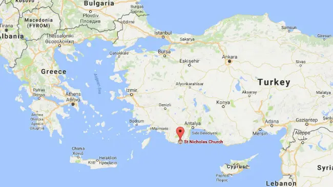 Lokasi Gereja St. Nicholas (Aziz Nicholas Kilisesi) di Demre, Antalya, selatan Turki. (Sumber Google Maps)