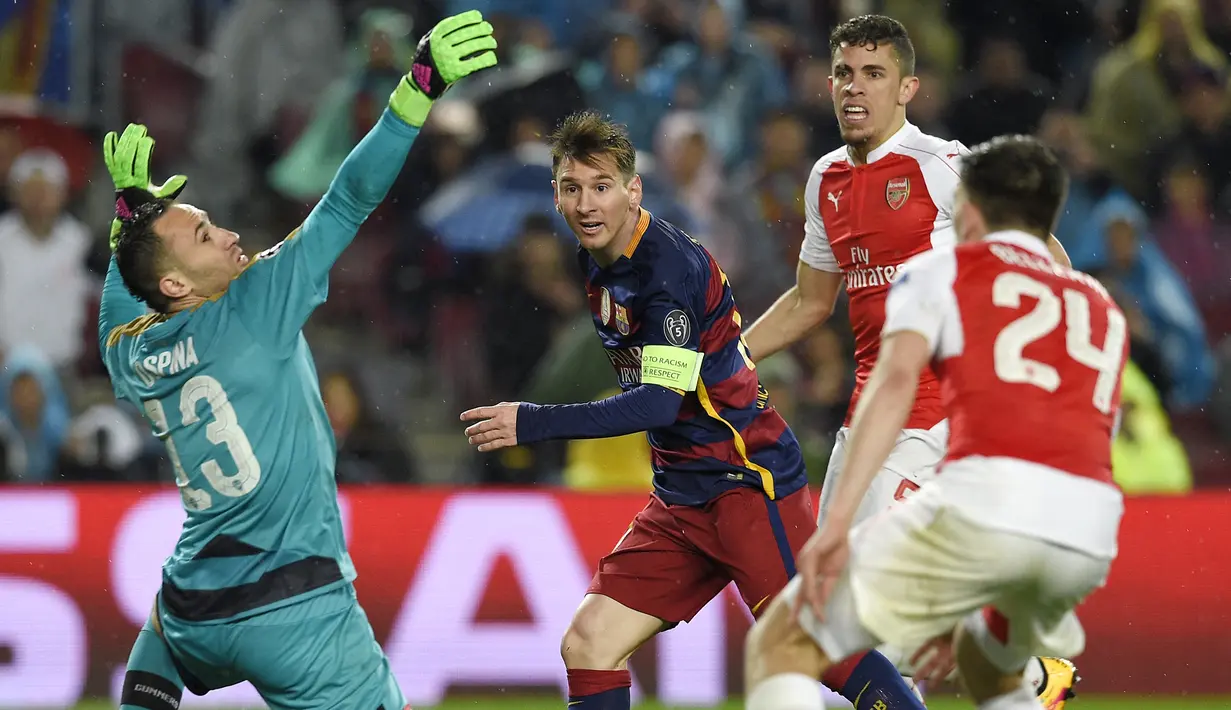 Arsenal. Lionel Messi tercatat paling banyak membobol gawang Arsenal di ajang Liga Champions, yaitu sebanyak 9 gol. Torehan tersebut didapat dari total 6 laga bersama Barcelona dengan hasil 4 kali menang, 1 kali imbang dan 1 kali kalah. Gol terakhir ke gawang The Gunners dicetaknya pada leg kedua babak 16 besar musim 2015/2016 saat Barcelona menang 3-1 di Camp Nou, 16 Maret 2016. Sementara pada leg pertama (23/2/2016) La Pulga sukses mencetak 2 gol dalam kemenangan 2-0. (AFP/Lluis Gene)