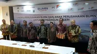 7 anak usaha PT Pelabuhan Indonesia II menandatangani sembilan Memorandum of Understanding (MoU) dengan tujuh BUMN. (Ilyas/Liputan6.com) 