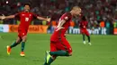Ekspresi pemain Portugal, Ricardo Quaresma, setelah mencetak gol penentu kemenangan saat adu penalti melawan Polandia pada laga perempat final Piala Eropa 2016 di Stade Velodrome, Marseille, Jumat (1/7/2016) dini hari WIB. (Reuters/Kai Pfaffenbach)