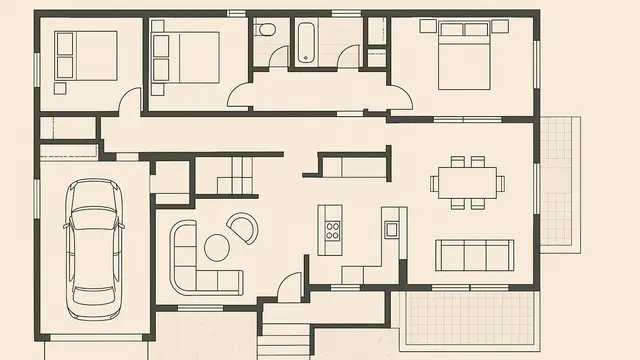 8 Denah Rumah 1 Lantai 3 Kamar Tidur dan Garasi/Ilustrasi Gambar AI