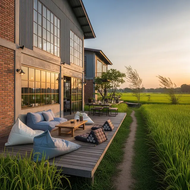 Desain Rumah Desa Minimalis dengan Tempat Duduk Pinggir Sawah (Gemini AI)