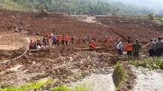 Sejumlah petugas penyelamat melakukan pencarian korban longsor di Desa Pasir Panjang, Salem, Brebes, Jawa Tengah, Jumat (23/2). Bencana longsor itu menimpa sejumlah warga yang sedang mengolah lahan pertanian di dekat kawasan hutan tersebut. (AP Photo)