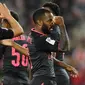 Striker Arsenal, Alexandre Lacazette, merayakan gol kedua ke gawang Sydney FC pada laga persahabatan di Stadion ANZ, Sydney, Kamis (13/7/2017). Arsenal menang 2-0 atas Sydney FC. (EPA/David Moir)