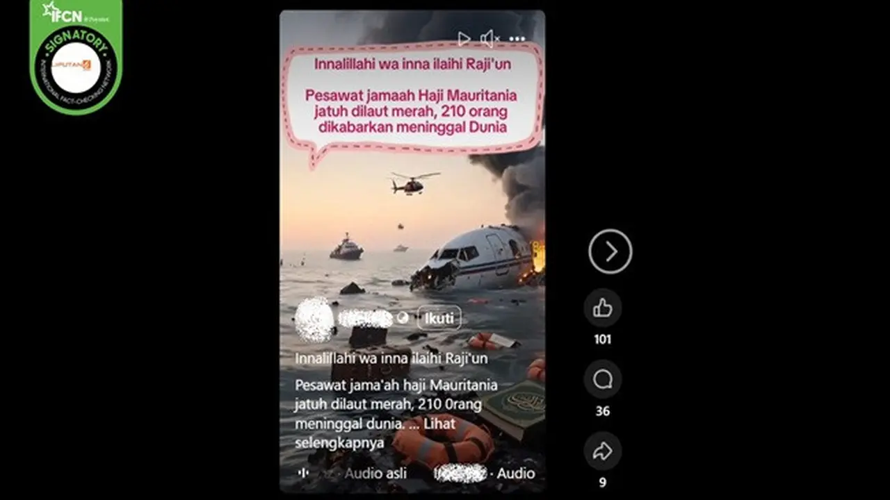 Gambar tangkapan layar video yang diklaim pesawat pengangkut sebanyak 210 jemaah haji Mauritania jatuh di Laut Merah. (sumber: Facebook)