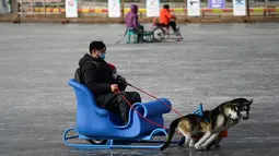 Seorang pria dan seorang anak menggunakan kereta luncur di danau beku di Beijing pada Selasa (12/1/2021). Ketika musim dingin tiba, danau di Beijing banyak yang membeku dan dijadikan area ice skating musiman. (Photo by WANG Zhao / AFP)