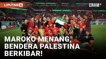 Kemenangan Maroko atas Spanyol di babak 16 besar Piala Dunia 2022 dirayakan gempita para pemainnya. Di tengah selebrasi, bendera Palestina di bentangkan di lapangan.