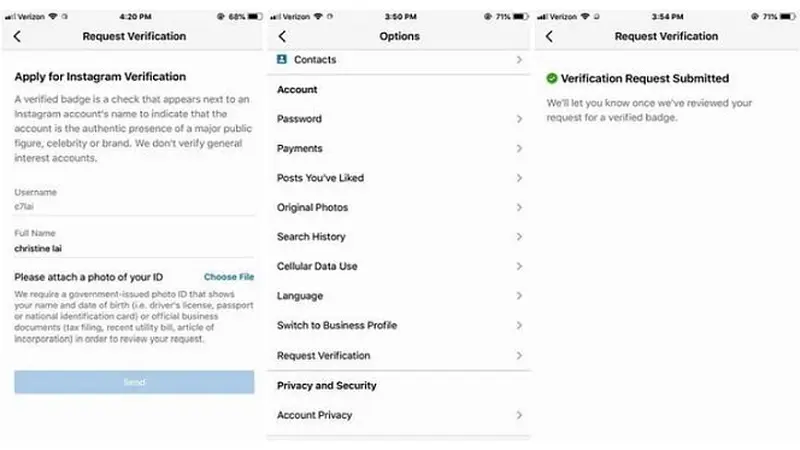 Fitur pengajuan verifikasi Instagram