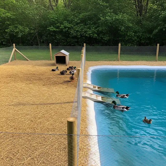 Ide Kandang Bebek dengan Area Kering dan Tempat Berendam (AI Generated)