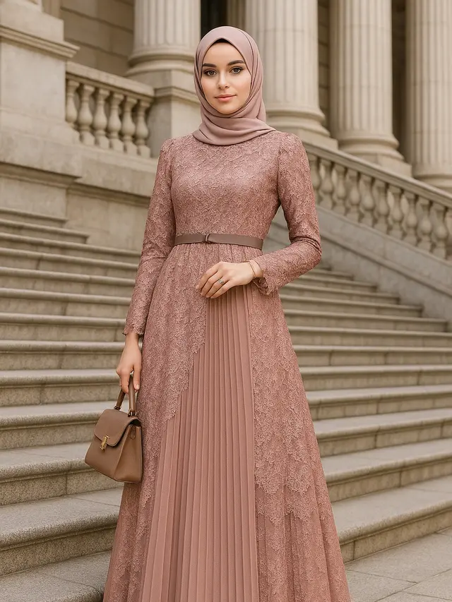Model Gamis Brokat Tali Pinggang Depan yang Sedang Tren 2025