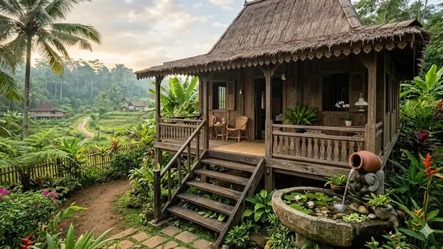 10 Desain Rumah Desa Sederhana dengan Pancuran Mini di Teras, Nuansa Relaksasi