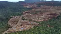 Penampakan&nbsp;dari udara sebuah area di Pulau Gag, Raja Ampat, Provinsi Papua Barat Daya yang menunjukkan gambaran umum deforestasi. (Foto: AFP/Auriga Nusantara)