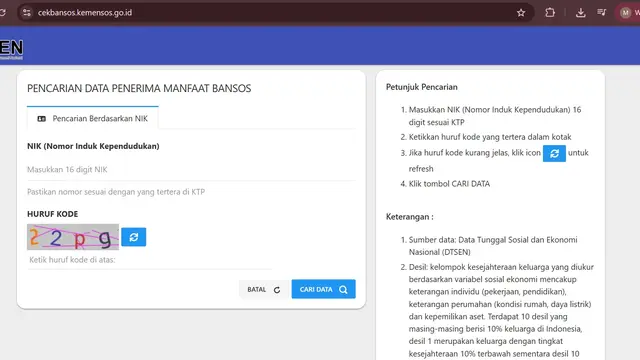 Tangkapan Layar Website Cek Bansos Kemensos/Foto: cekbansos.kemensos.go.id/
