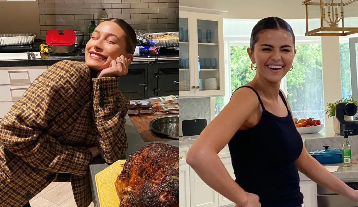 Hailey Bieber juga jadikan gaya sleek bun sebagai gaya rambut andalannya [@haileybieber - @selenagomez]