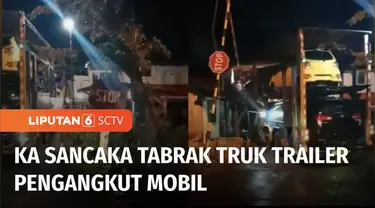 Kereta Api Sancaka jurusan Yogyakarta-Surabaya menabrak truk trailer pengangkut mobil di perlintasan tanpa palang pintu di Mojokerto, Jawa Timur, Kamis (26/01) malam. Tabrakan terjadi karena truk trailer tersangkut di perlintasan kereta api.