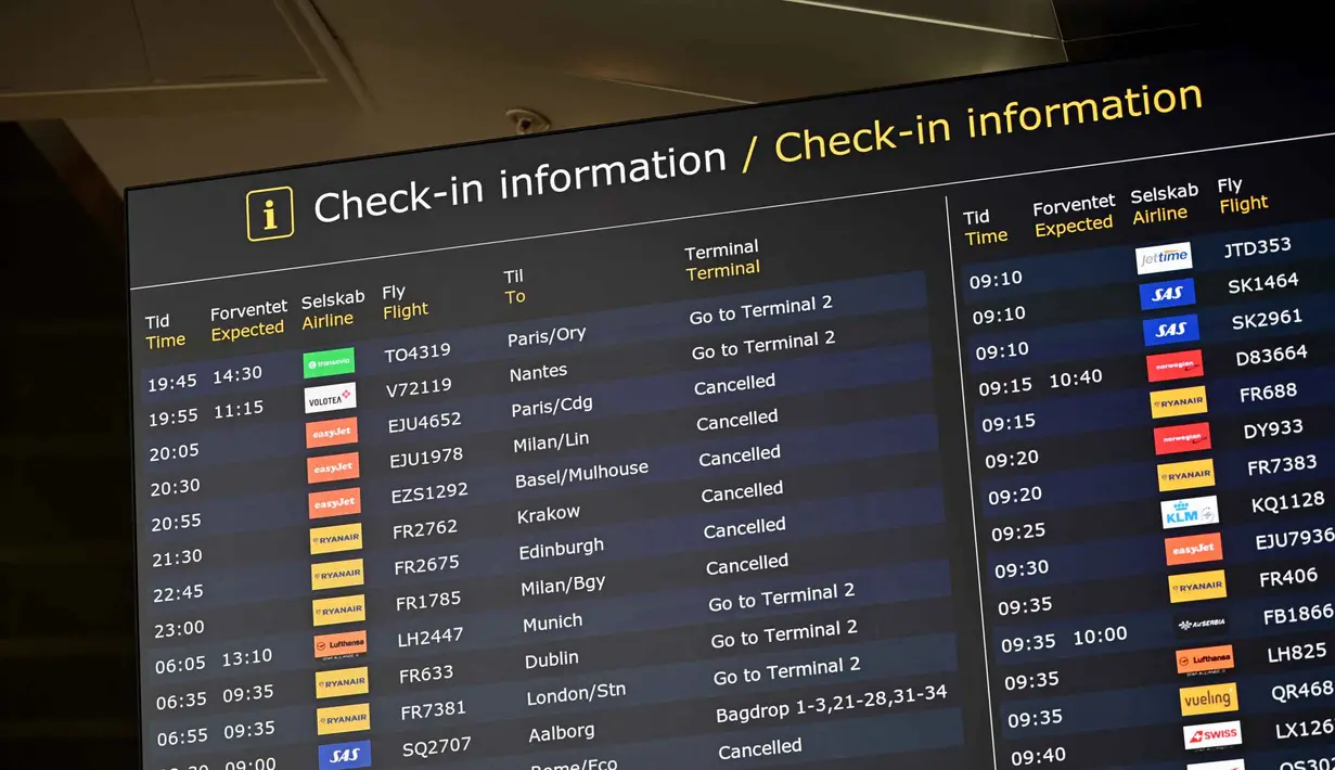 Bandara di Kopenhagen, Denmark terpaksa berhenti beroperasi selama berjam-jam usai pesawat tanpa awak atau drone yang tak dikenal terlihat di wilayah udara mereka pada Senin (22/9/2025) malam waktu setempat. (Sergei GAPON/AFP)