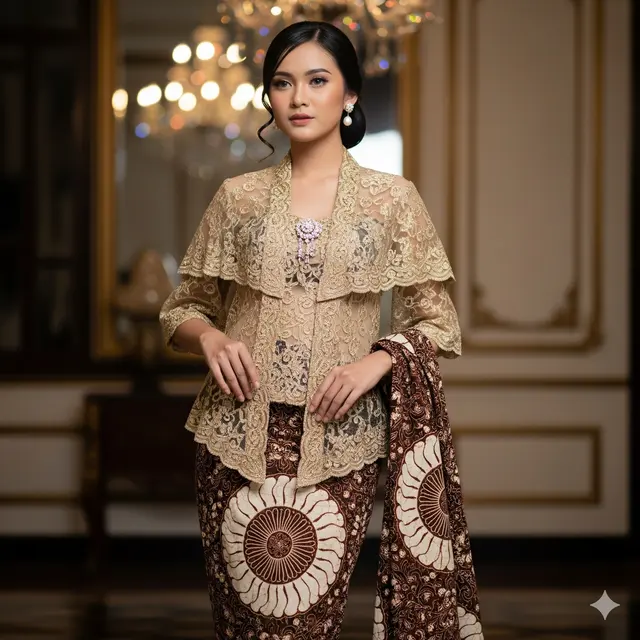 Kebaya Batik Kawung Kombinasi Brokat Terbaru
