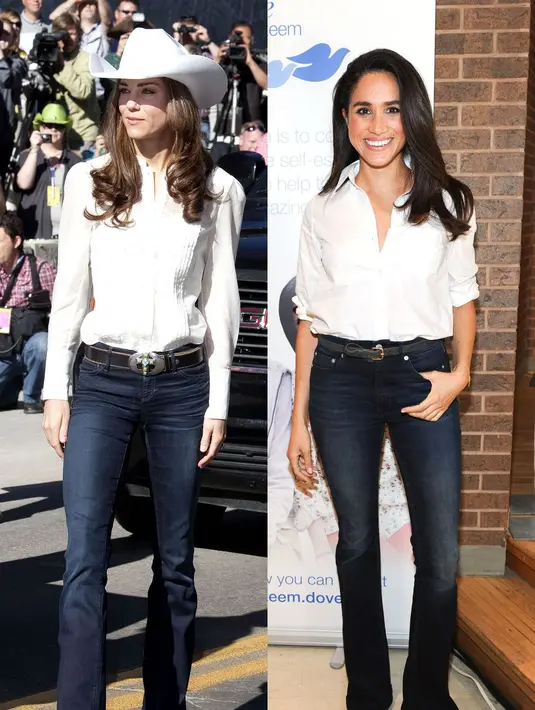 Waah ini ketika Kate Middleton dan Meghan Markle kembaran bootcut jeans dan blouse berwana putih. (Getty Images/Cosmopolitan)
