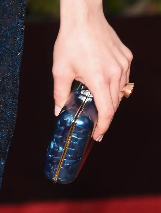 Bryce Dallas Howard memasangkan gaun dengan lengan panjang ¾-nya itu bersamaan dengan tas tangan biru tua yang serasi. Penampilan Bryce serta pengakuannya malam itu membuatnya menuai banyak pujian di Twitter. (AFP/Bintang.com)