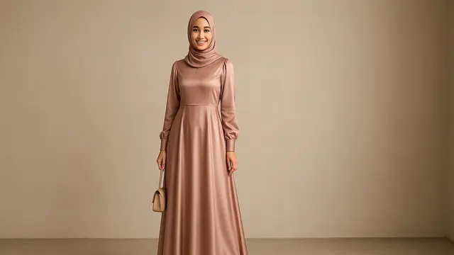 Model gamis kondangan syari yang anggun dan sederhana/ Ilustrasi gambar oleh AI