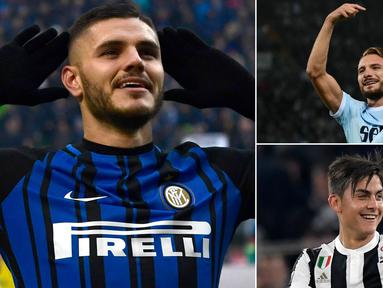 Berikut ini top scorer sementara Serie A Italia musim 2017/2018 hingga pekan ke-15. Tambahan satu gol membuat Mauro Icardi berhasil menyalip Ciro Immobile di posisi puncak. (Kolase foto-foto dari AFP)