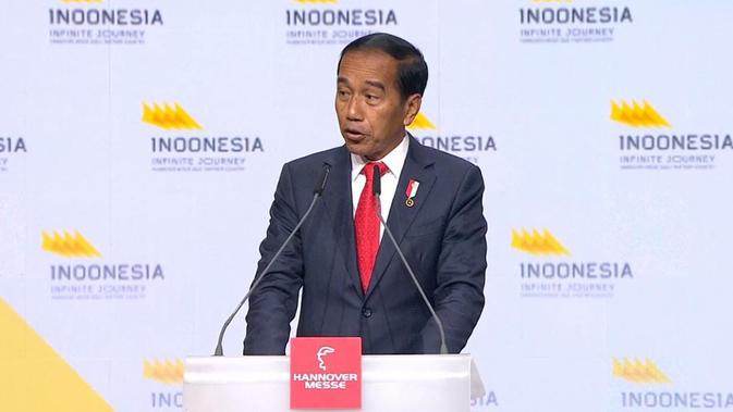 Jokowi memamerkan beragam keberhasilan dan target Indonesia dalam memacu hilirisasi dan industri hijau di pembukaan Hannover Messe 2023. (/Septian Deny)