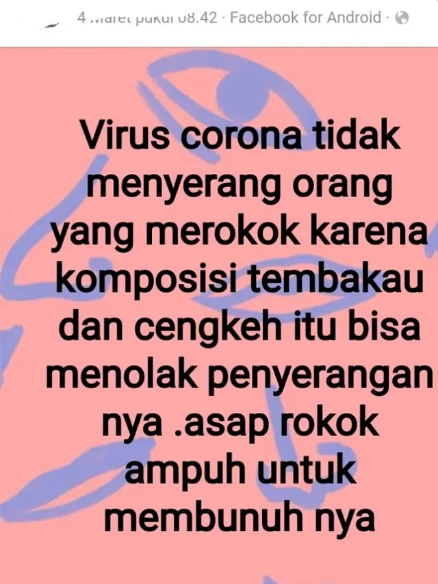 Klaim asap rokok ampun membunuh virus corona (Tangkapan Layar Facebook)