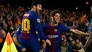 Megabintang Barcelona, Lionel Messi merayakan golnya ke gawang Chelsea pada leg kedua babak 16 besar Liga Champions 2017-2018 di Stadion Camp Nou, Rabu (14/3). Ketika mencetak gol pembuka Barcelona, usia pertandingan baru 128 detik. (AP/Manu Fernandez)