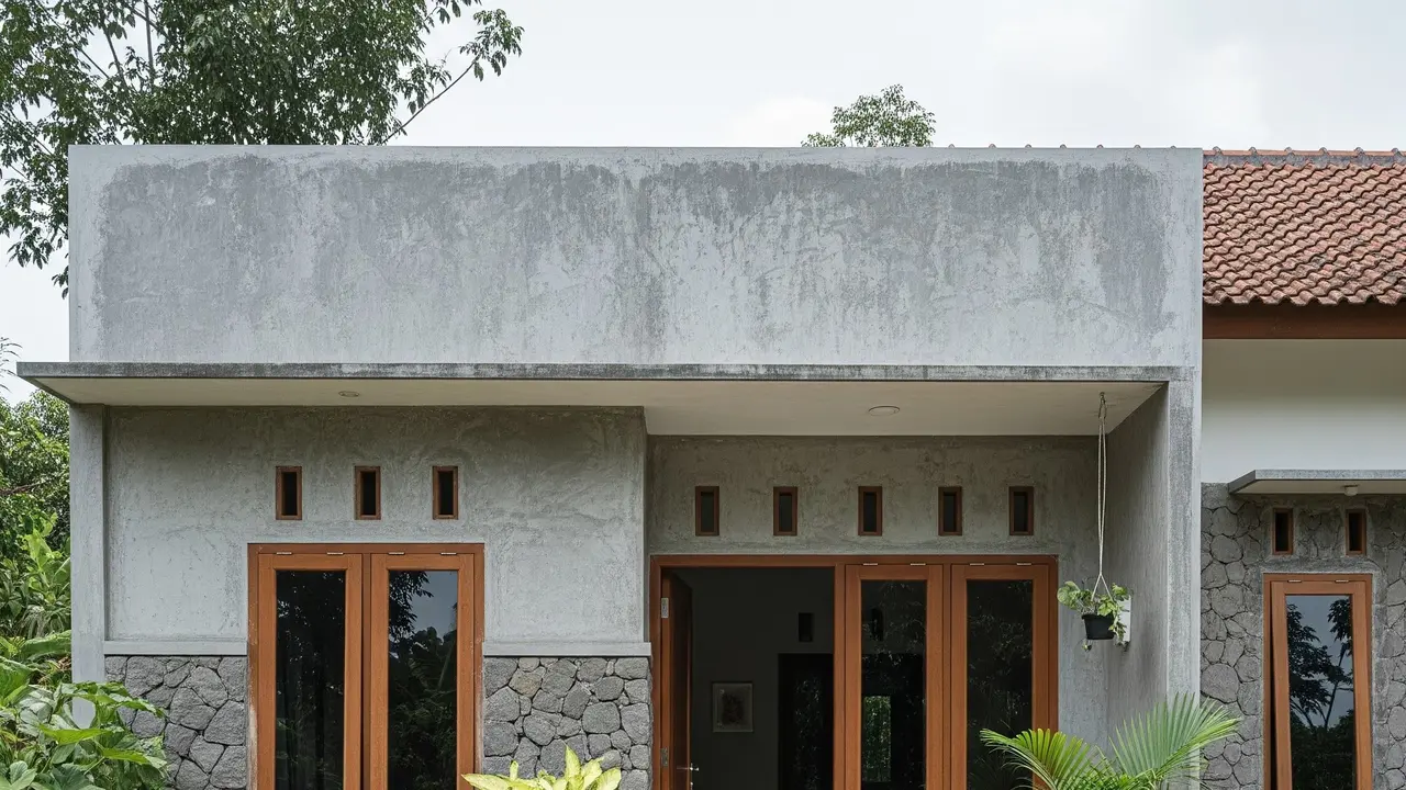 Desain Kombinasi Batu Alam dan Semen Kasar yang Bikin Rumah Kampung Lebih