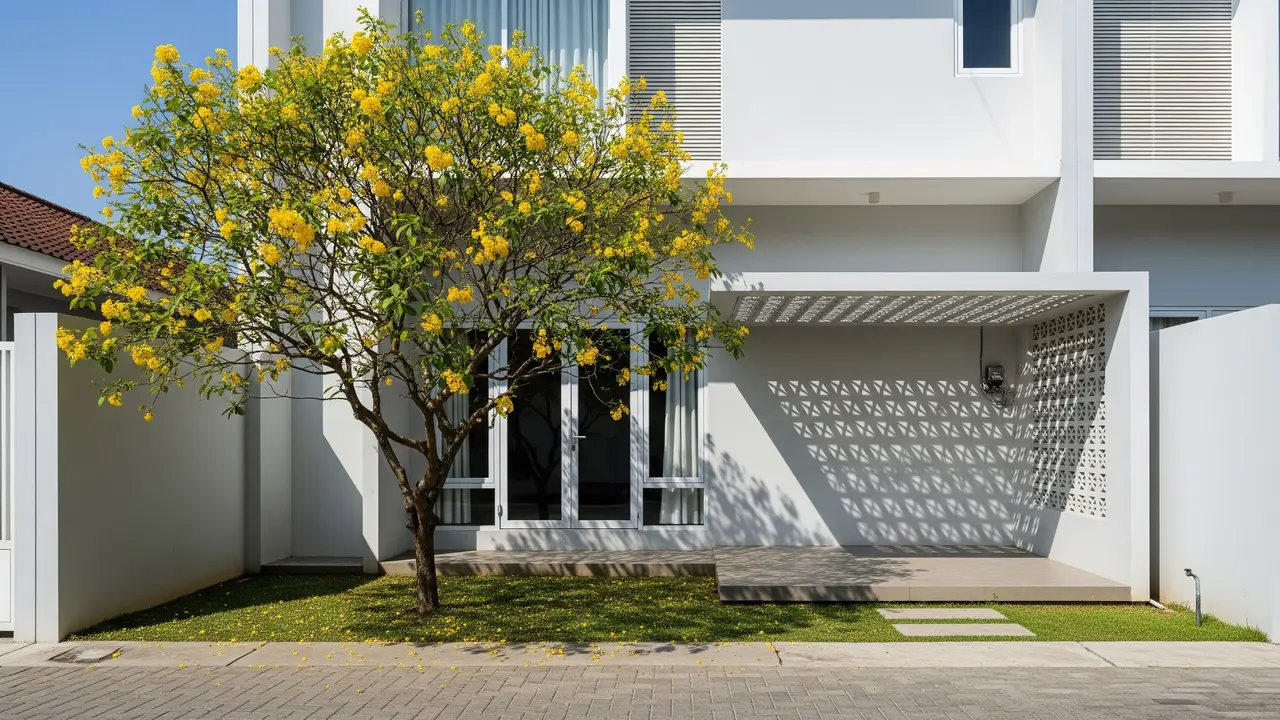 Desain Rumah Modern Terang dengan Teras Mini, Tabebuya dan Roster Estetik