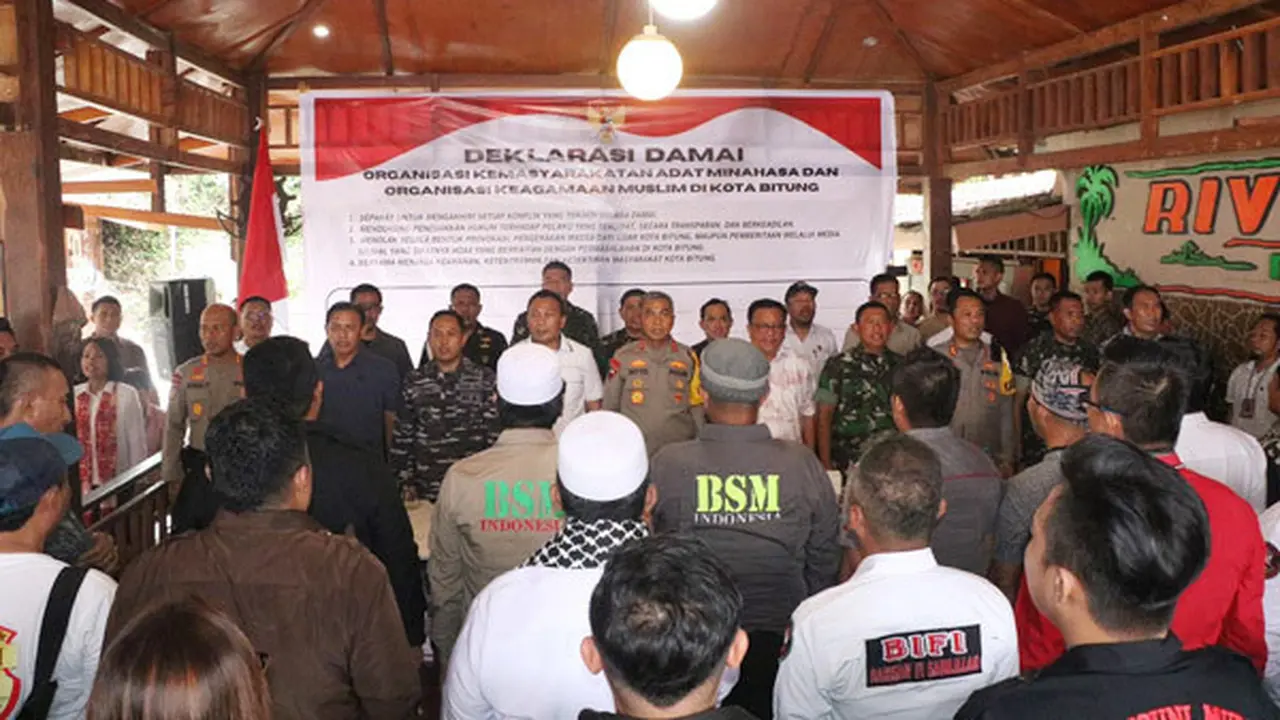 Deklarasi damai yang digelar oleh Organisasi Kemasyarakatan Adat Minahasa dan Organisasi Keagamaan Islam di Kota Bitung, Sulut, Selasa 28 November 2023.