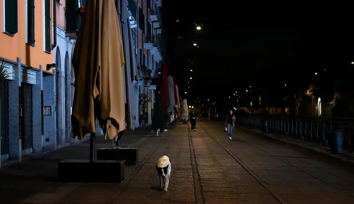 Seekor anjing berjalan dekat payung bar yang tutup di Kanal Naviglio Grande, Milan, Italia, Selasa (10/3/2020). Saat ini di Italia setidaknya 10 ribu orang terjangkit virus corona (COVID-19) dimana 600 di antaranya meninggal. (AP Photo/Antonio Calanni)