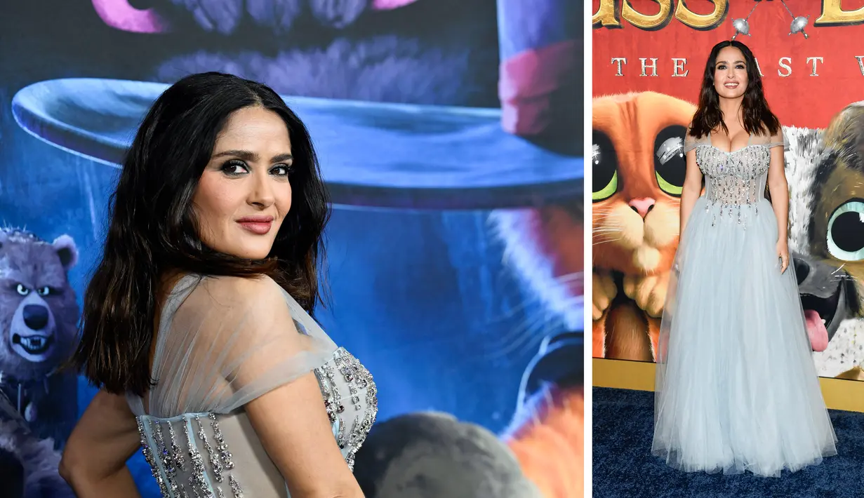 Foto kolase Salma Hayek saat menghadiri pemutaran perdana film "Puss in Boots: The Last Wish" di Jazz di Lincoln Center Frederick P. Rose Hall di New York pada Selasa, 13 Desember 2022. (Photo by Evan Agostini/Invision/AP)