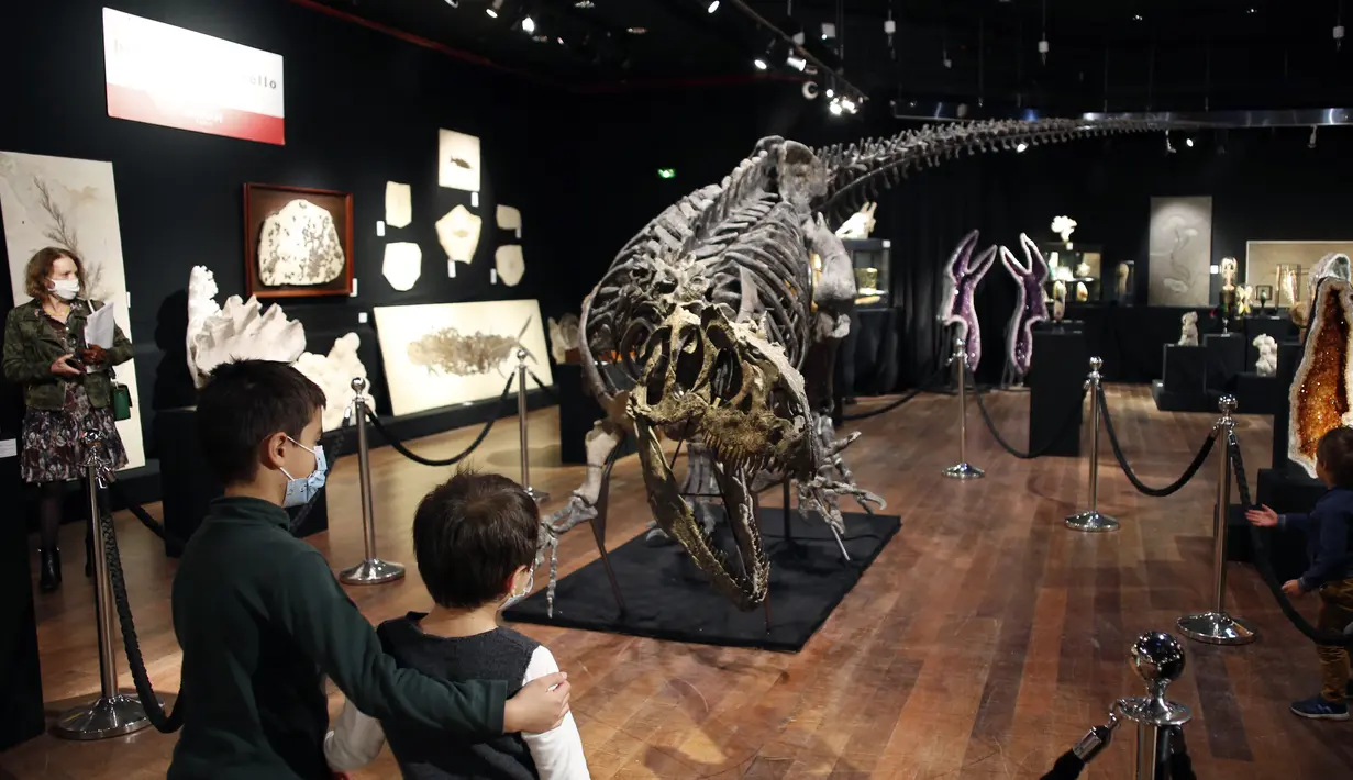 Anak-anak melihat kerangka dinosaurus Allosaurus di rumah lelang Drouot, Paris, Prancis, Sabtu (10/10/2020). Kerangka dinosaurus yang ditemukan di daerah Johnson, Wyoming, AS, tersebut akan dilelang pada 13 Oktober 2020 dan diperkirakan harganya antara 1-1,2 juta euro. (AP Photo/Thibault Camus)