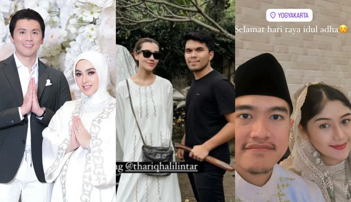 Di momen Idul Adha kali ini, sederet pasangan artis tampil serasi dengan busana muslim. Seperti Syahrini-Reino Barack, Aaliyah Massaid-Thariq Halilintar hingga Erina Gudono-Kaesang Pangarep. [@princessyahrini @aaliyah.massaid @erinagudono]