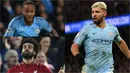 Sergio Aguero kembali meramaikan persaingan meraih gelar pencetak gol terbanyak Premier League usai mencetak trigol ke gawang Chelsea. Kini Aguero memiliki gol yang sama dengan Mohamed Salah. (Kolase Foto AFP)