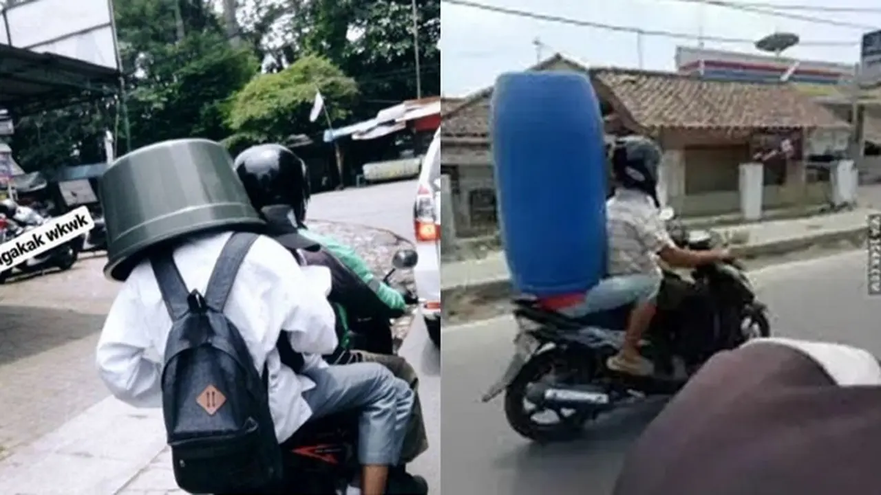6 Aksi Nyeleneh Orang Pakai Helm dari Ember Ini Bikin Ngakak