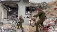 Tentara Israel naik sepeda di depan rumah warga Palestina yang telah hancur dan ditinggalkan pemiliknya. (Tangkapan Layar X/ytirawi)