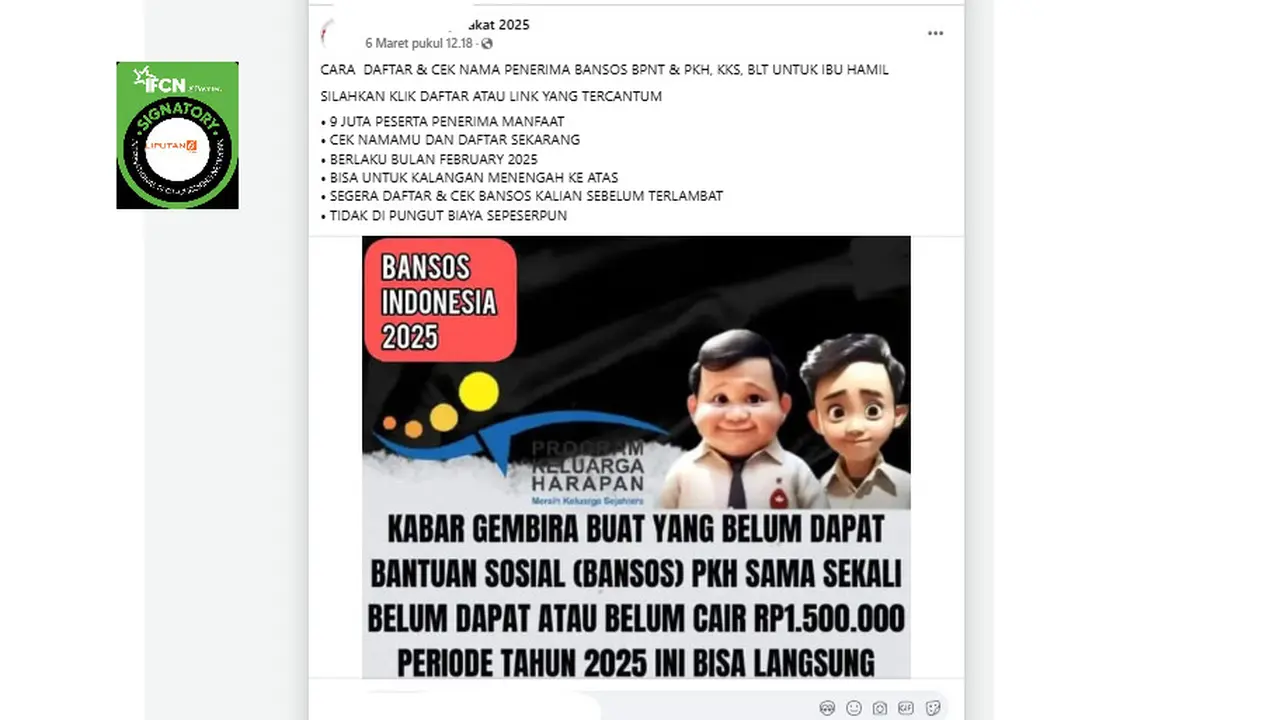 Tangkapan layar Cek Fakta Liputan6.com klaim link pendaftaran dan pengecekan penerima bansos ibu hamil