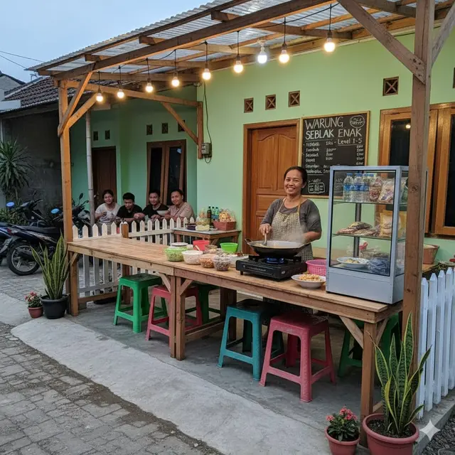 Konsep Warung Sederhana dengan Meja Panjang