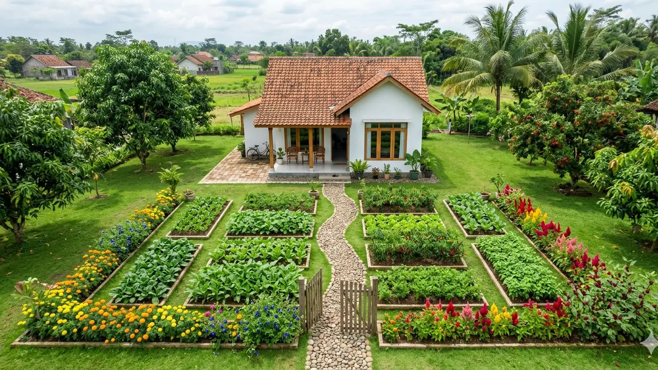 Ide Rumah Sederhana di Desa dengan Halaman Luas Jadi Kebun Produktif./Gemini
